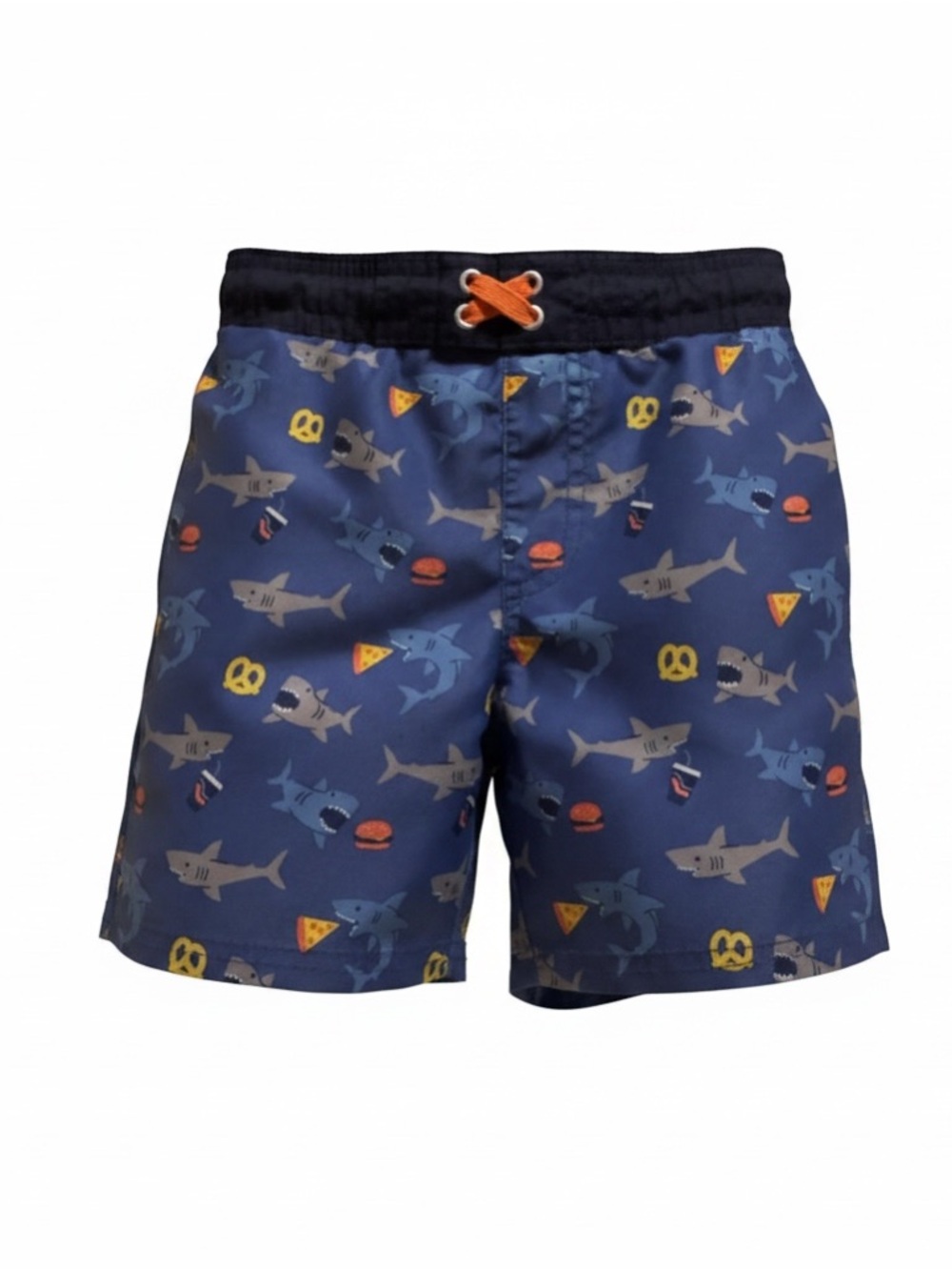 Cat & Jack Navy Shark & Snack Print Swim Shorts with Orange Drawstring